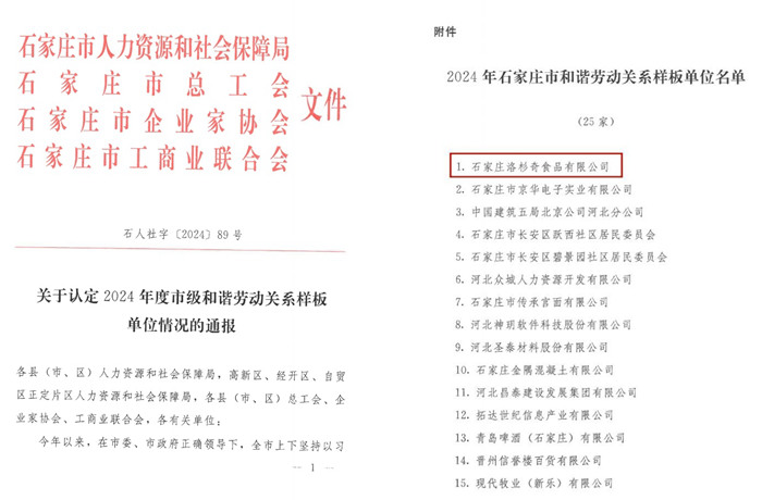 喜報(bào)！公司榮獲“2024年度石家莊市和諧勞動(dòng)關(guān)系樣板單位”